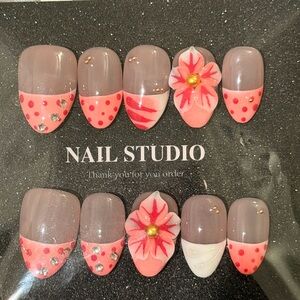 Pink and White Handmade Press On Nail Art Set